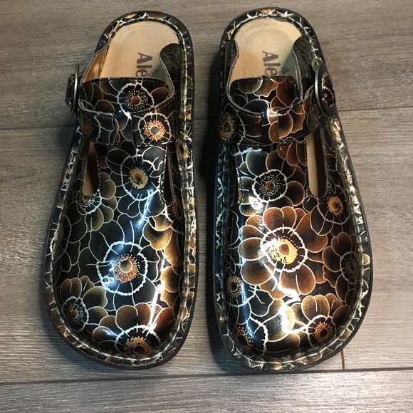 Alegria Floral Patterned Mules - Black and Gold - Picture 1 of 10